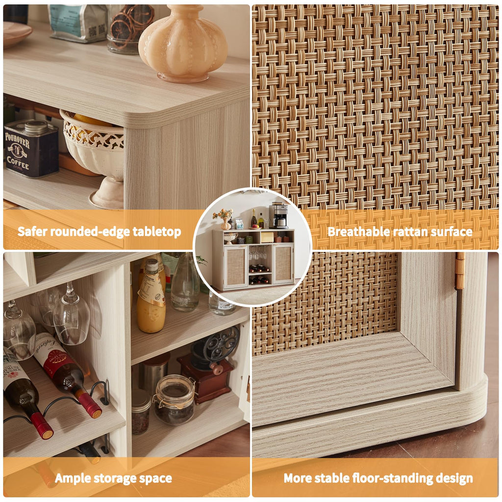 Rattan Wine Bar Cabinet with Storage, Grey White