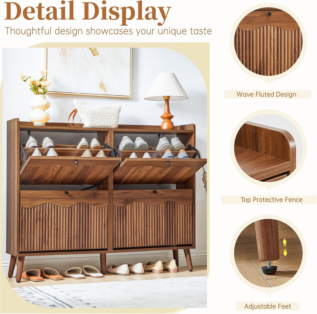 47.2" Shoe Storage Cabinet with 4 Flip Drawers, Narrow Shoe Organizer with Wave&Fluted Panel, Freestanding Wood