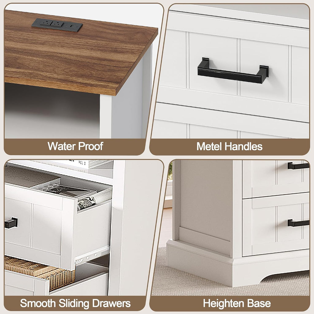 Farmhouse Night Stands with Charging Station, Wood Nightstand Set of 2 with 2 Drawers, Bedside Table with Open