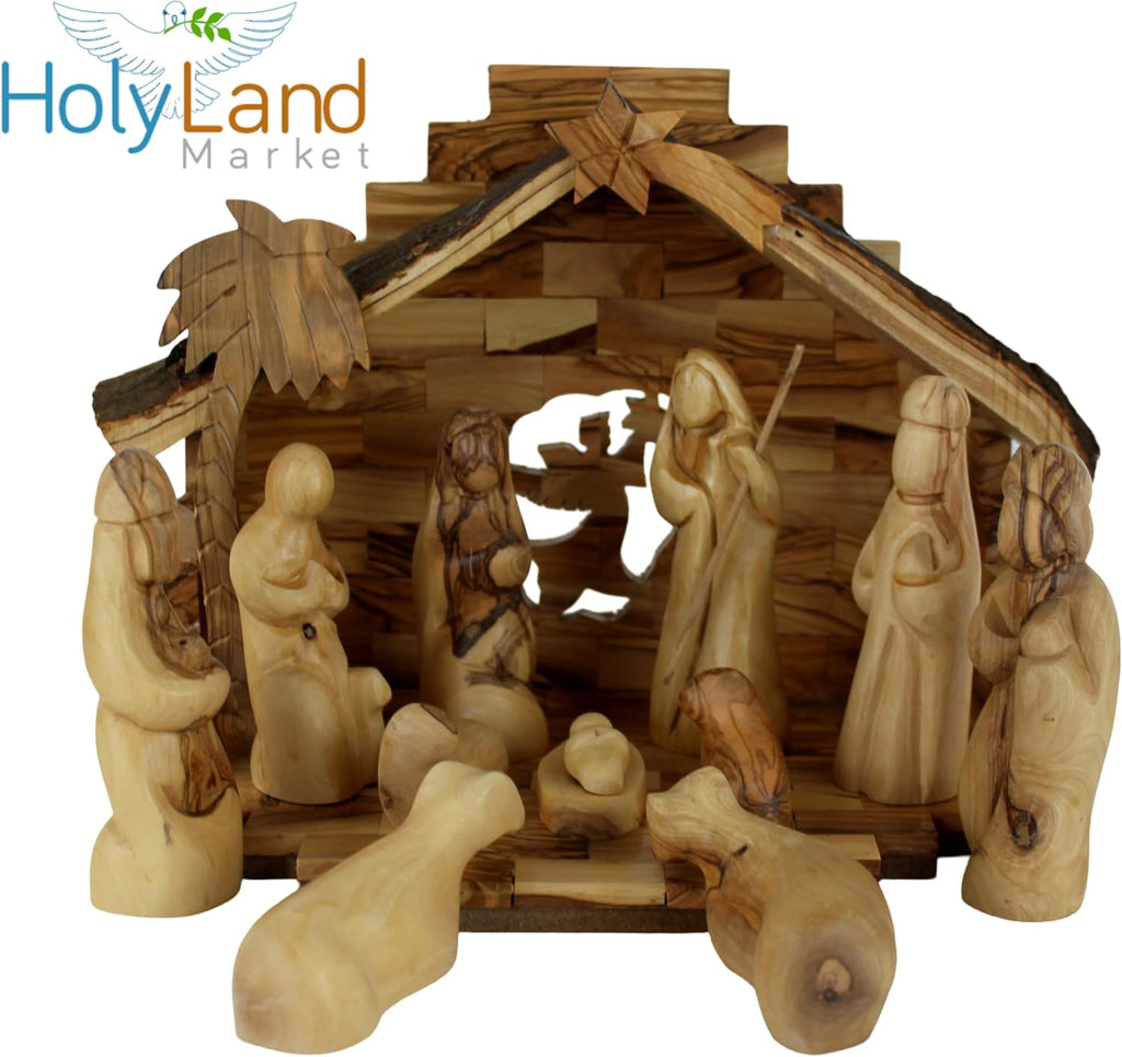 Land Market Inspirational Christmas Decorations Indoor Nativity Set - Antique Style Olive Wood Handmade 12-Piece