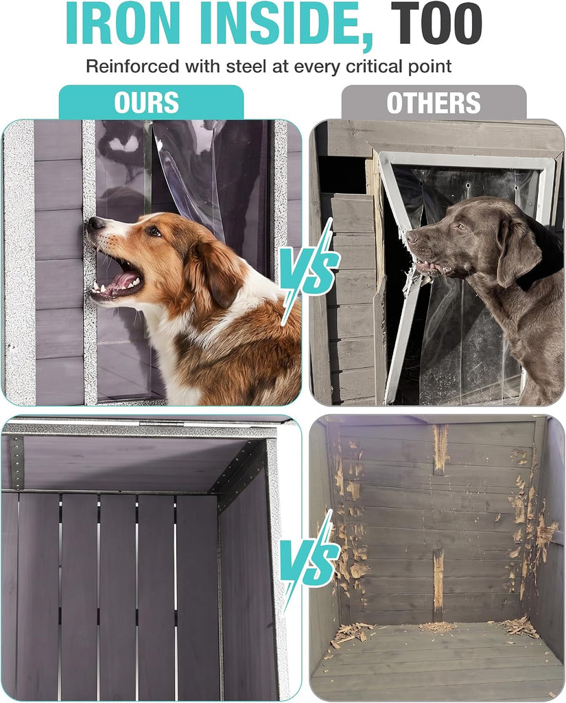 Feral Dog House Outdoor, Anti Bite Iron Frame Dog Kennel, Wood Warm Pets Home, Insulated Weatherproof Outside Shelter