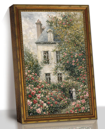 Textured Rose Garden Villa Couple Vintage Cottage Wall Art Canvas Print