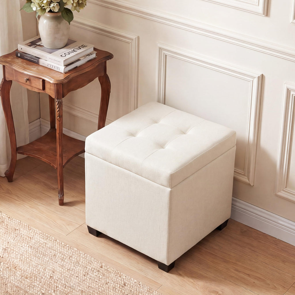 15 inch Square Storage Ottoman with Tray Lid, Modern Tufted Fabric Cube Coffee Table with Storage, Upholstered Ottoman