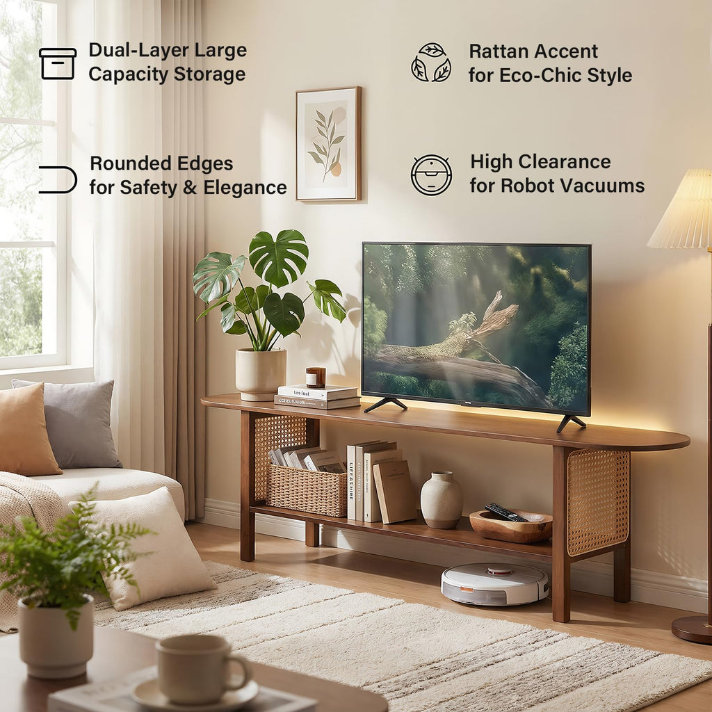 Walnut Rattan TV Stand for 65'' TV, Media Console, 2 Open Shelves