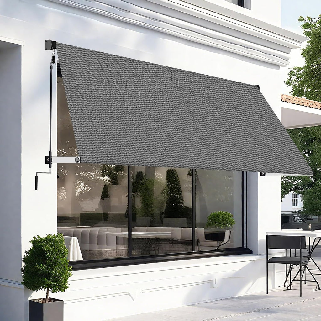 120" X 96" Manual Retractable Awnings Shades Roll Up Outdoor Sunshade Cloth for Backyard, Garden, Balcony, Grey