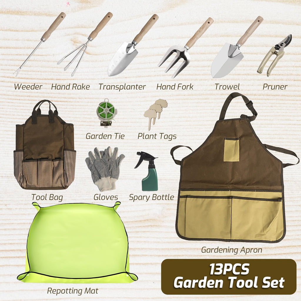 13-Piece Garden Tools Set with Tote Bag & Apron, Repotting Mat - Stainless Steel Heavy Duty Planting Kit, Ergonomic