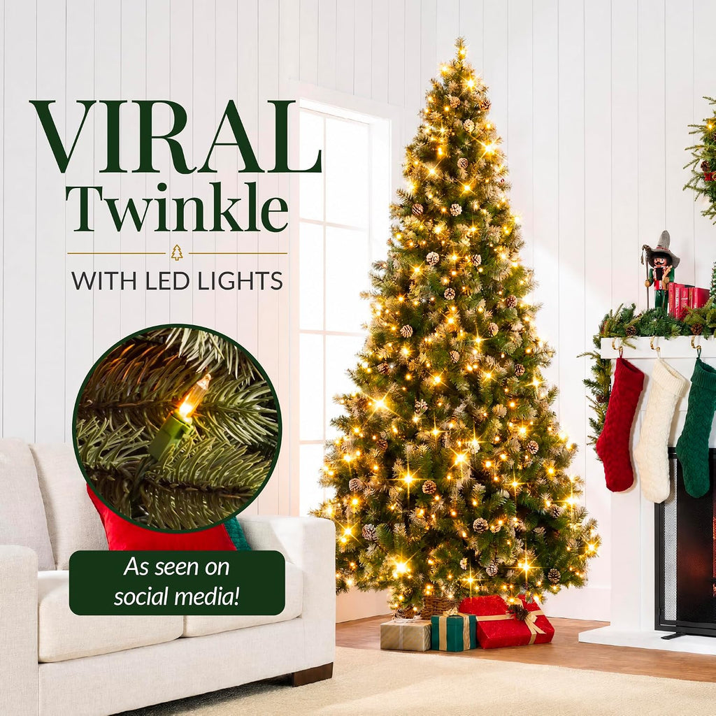 Pre-Lit Pre-Decorated Pine Artificial Christmas Tree w/Twinkling LEDs, 2,028 Flocked Frosted Tips, 108 Pinecones