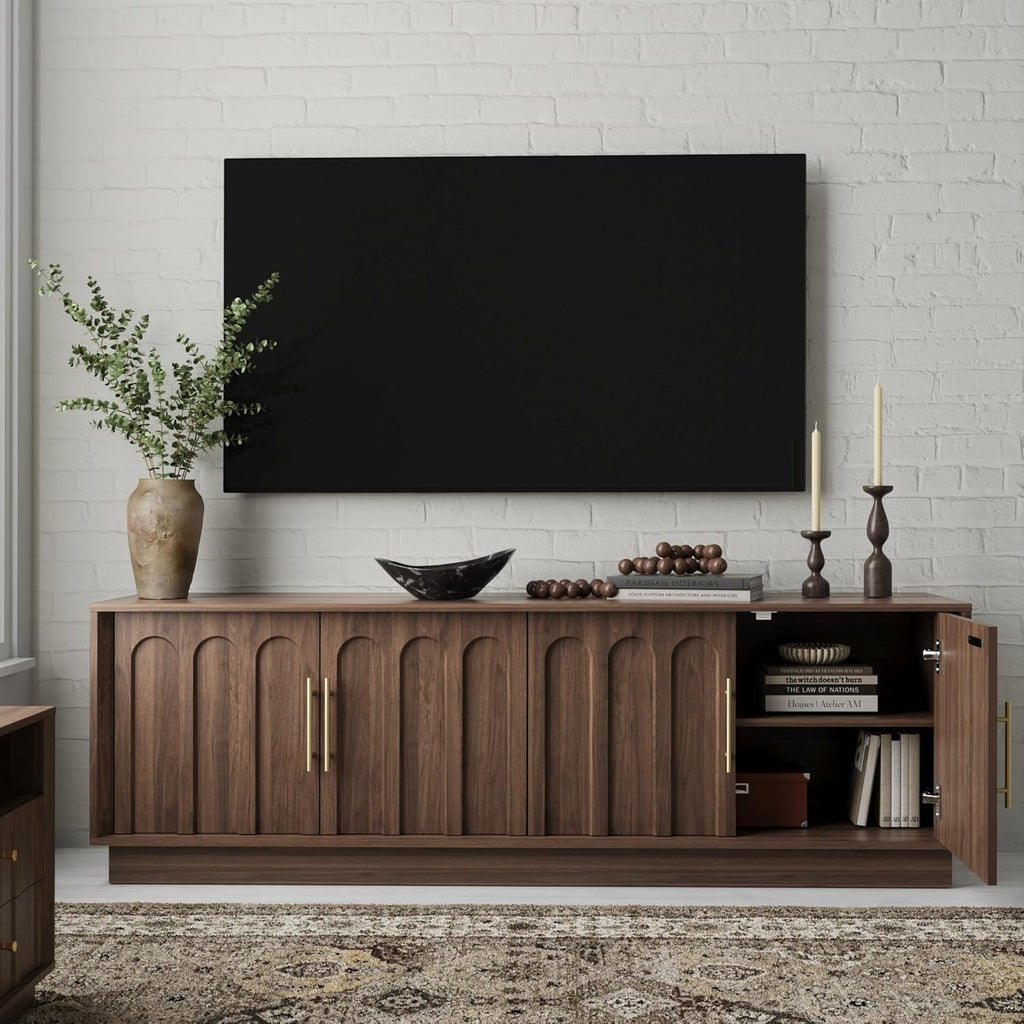 TV Stand for 75 Inch TV, Mid Century Modern TV Stand with Arched Design, Wood Grain Finish, Media Console with