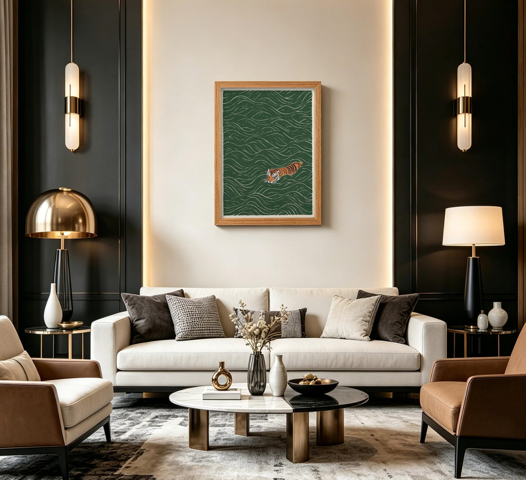Framed Swimming Tiger Canvas Wall Art, Abstract Green Wave Print, Minimalist Vintage Wildlife Painting Living Room