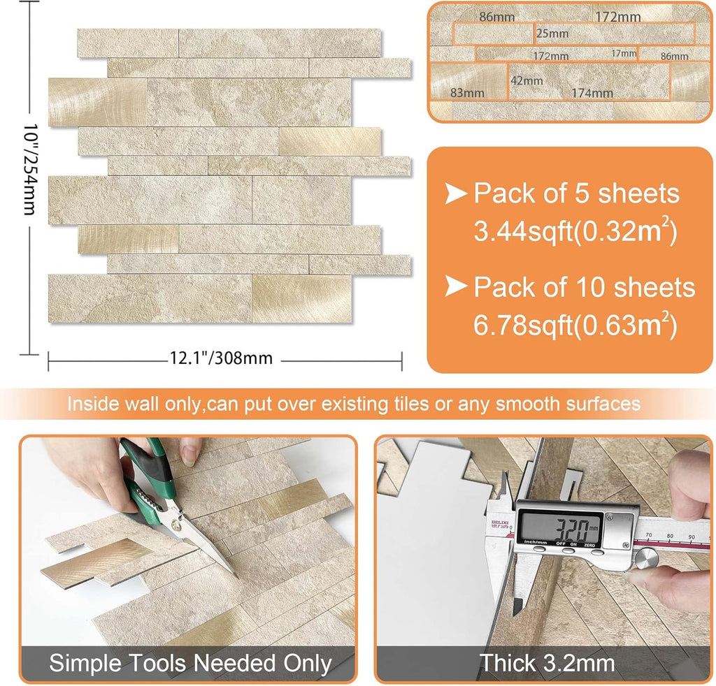 Peel and Stick Tile Stone Backsplash Wall(10pcs,Beige)