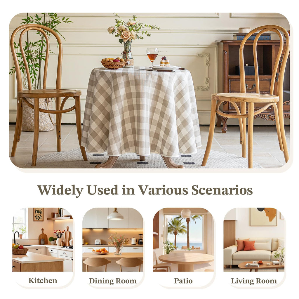 Beige Gingham Round Tablecloth 60 Inch, Checkered Circle Table Cloth Washable Wrinkle Free, Cotton Linen Buffalo