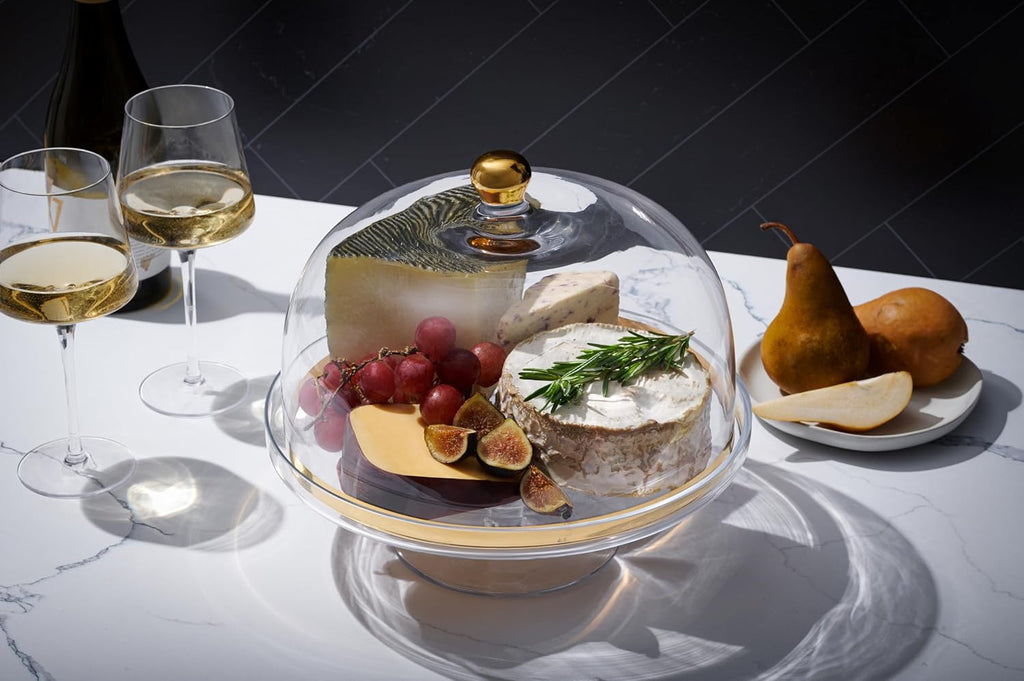 Glass - Cake Stand - and - Dome - with - Gold Rim - and - Gold Knob - for - Cake - Fruit - Cheese - 11.75" Diameter