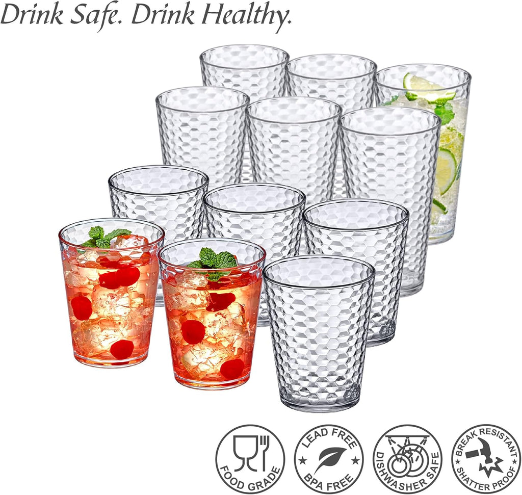 Snowflake - 16-Ounce and 24-Ounce Tumblers (Set of 12), Clear Reusable Plastic Cups, Stackable, BPA-Free