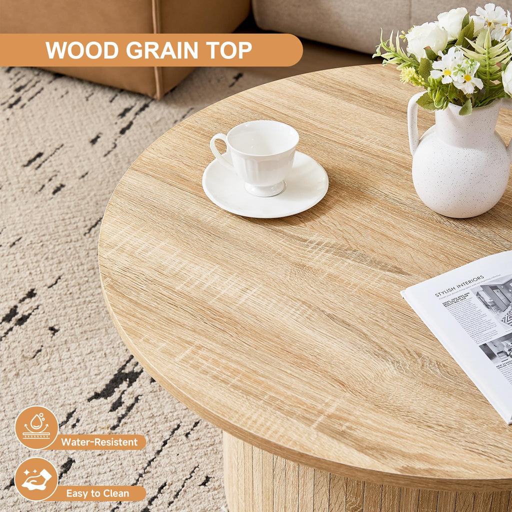 31.5" Round Coffee Table with Fluted Pedestal Base, Natural