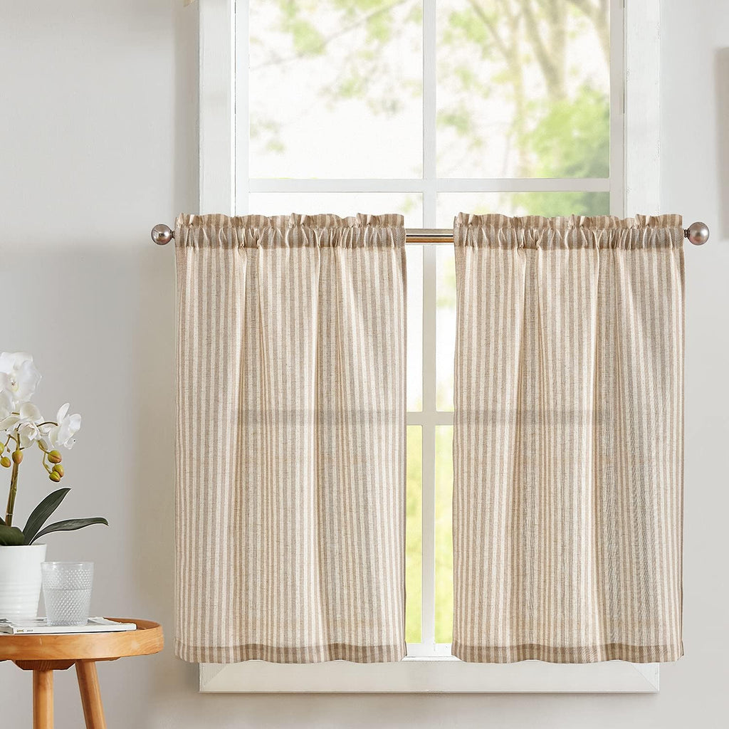 Stripe Farmhouse Kitchen Curtains 24 Inch Length Linen Cafe Curtains Tickingstripe Tier Drapes Pinstripe Semi-Sheer