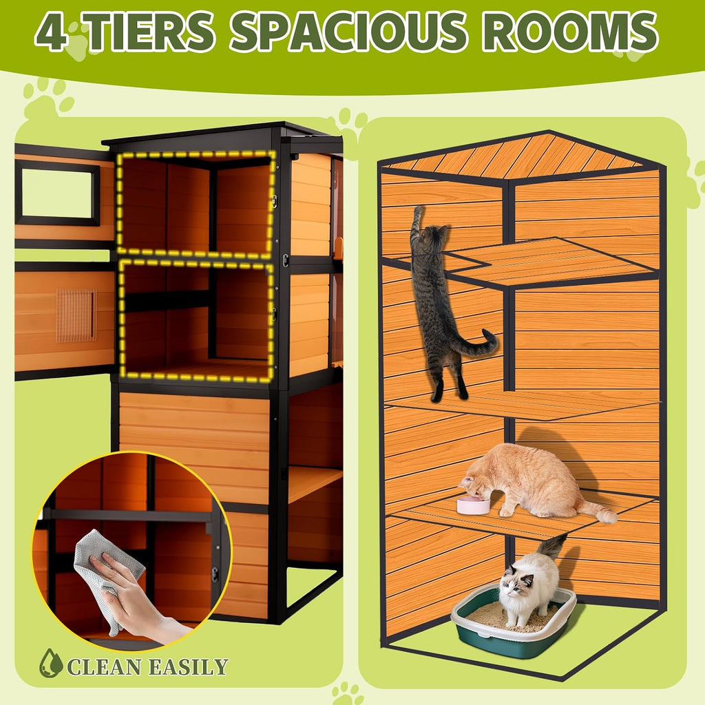 Large Wooden Catio Outdoor Cat Enclosure with 4-Tier Design
