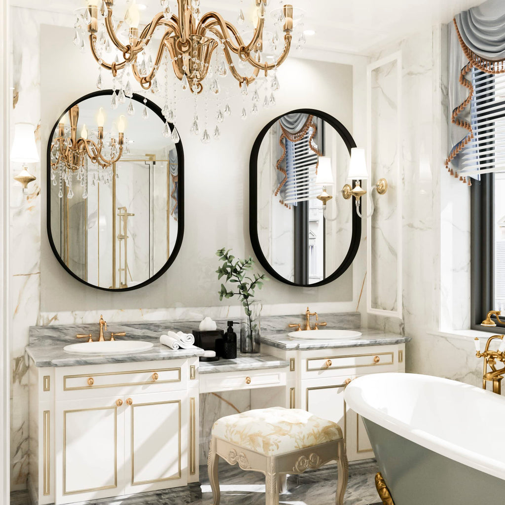 24×36 Inch Oval Wall, Black Metal Frame Bathroom Mirrors, Wall Mounted (Horizontal/Vertical)