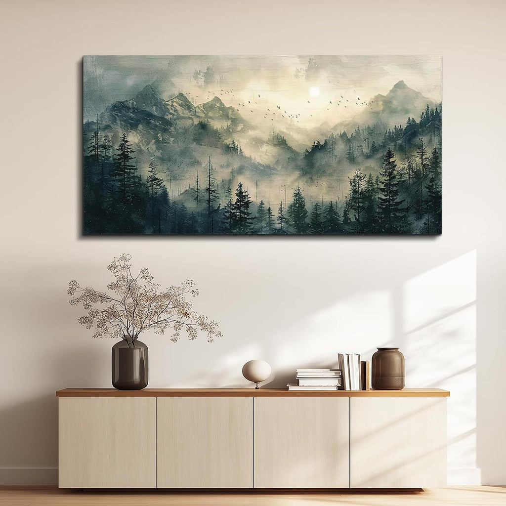 Large Framed Wall Decor Canvas Wall Art Farmhouse Wall Decorations Forest Fog Landscape Paintings Modern Pictures