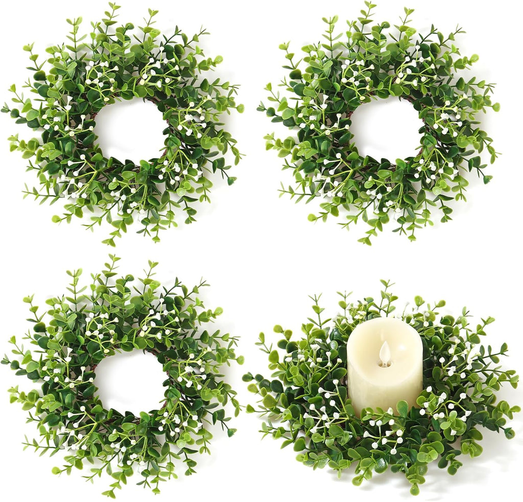 Mini Boxwood Wreath Green Candle Ring Wreaths, Style-03 - Set of 4