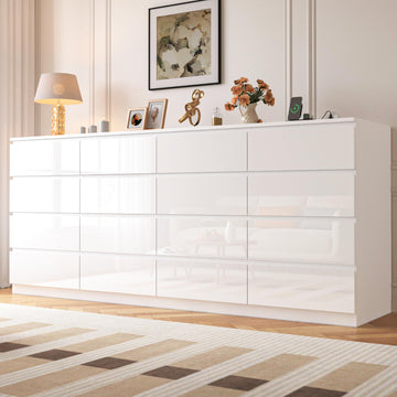 94.5 INCH 16 Drawers Dresser with Power Outlet, Wide High Gloss Chest of Drawers Large, Modern Storage Drawer Dresser