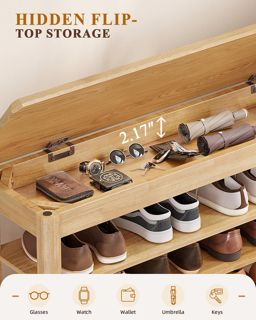 Shoe Rack Bench Seat Rubberwood 3-Tier Wooden Storage Bench 550lbs Compact Mid-Century Modern Design, Closet, Front