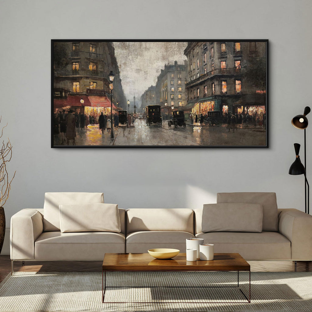 Vintage Paris Street Canvas Print, Black Framed Wall 40x20 Inch