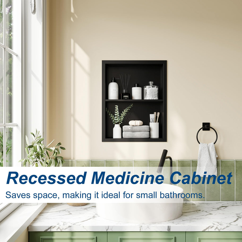 14x 18 Medicine Cabinet Recessed with Double Shelves, Matte Black