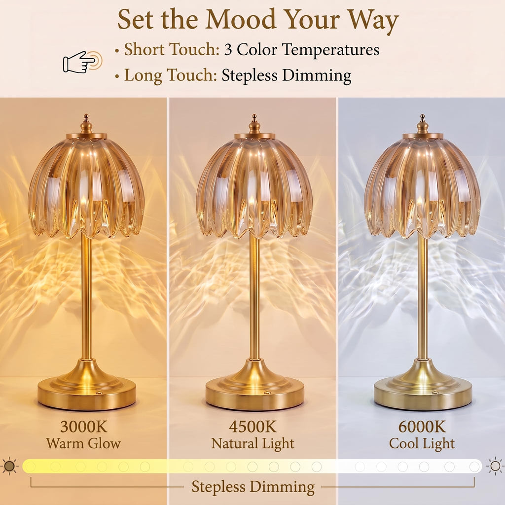 Tulip Glass Rechargeable Table Lamp, Floral Cordless Table Light(Amber)