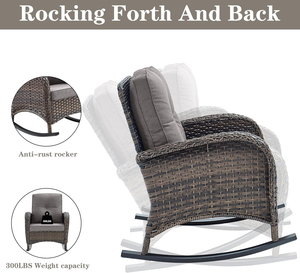 Wicker Porch Rocking Chairs - 3 Pieces Patio Bistro Set High Back Outdoor Rocker Chairs Set with Side Table for Deck