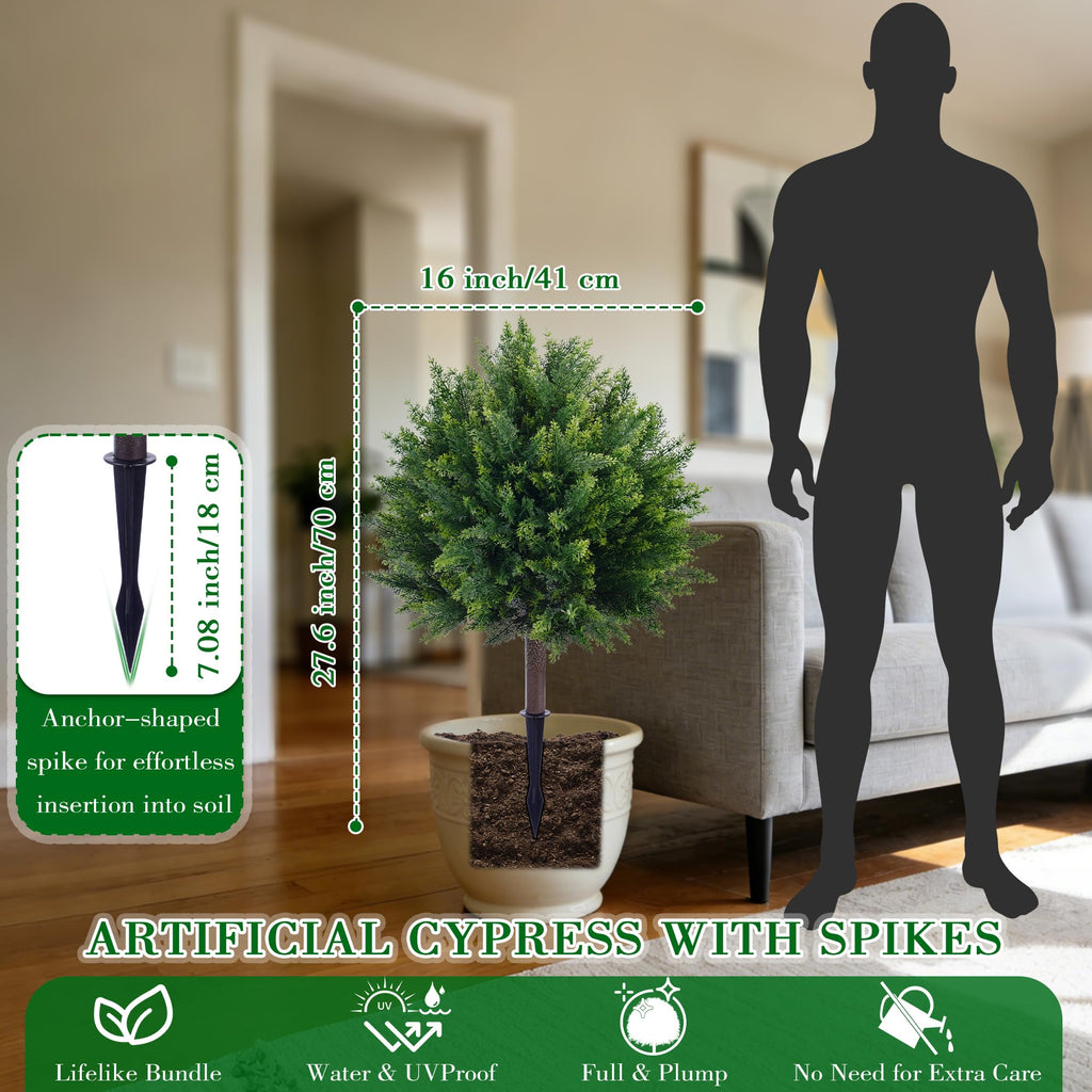 27.6'' Artificial Cedar Topiary Ball Trees (2 Pack), UV Resistant Faux Evergreen Shrubs with Ground Spikes, Realistic