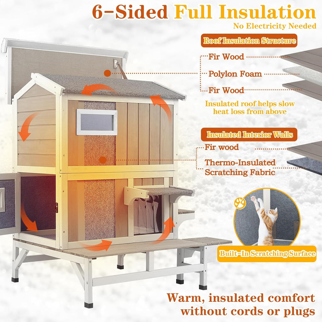 Insulated Outdoor Cat House for 2-3 Cats, 2-Story Wooden Shelter