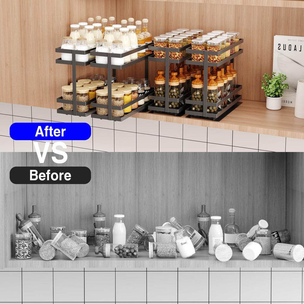 2 Pack Pull Out Spice Rack Organizer for Cabinet, 2 Tier Metal Slide Out Seasoning Organizer and Storage Heavy Duty
