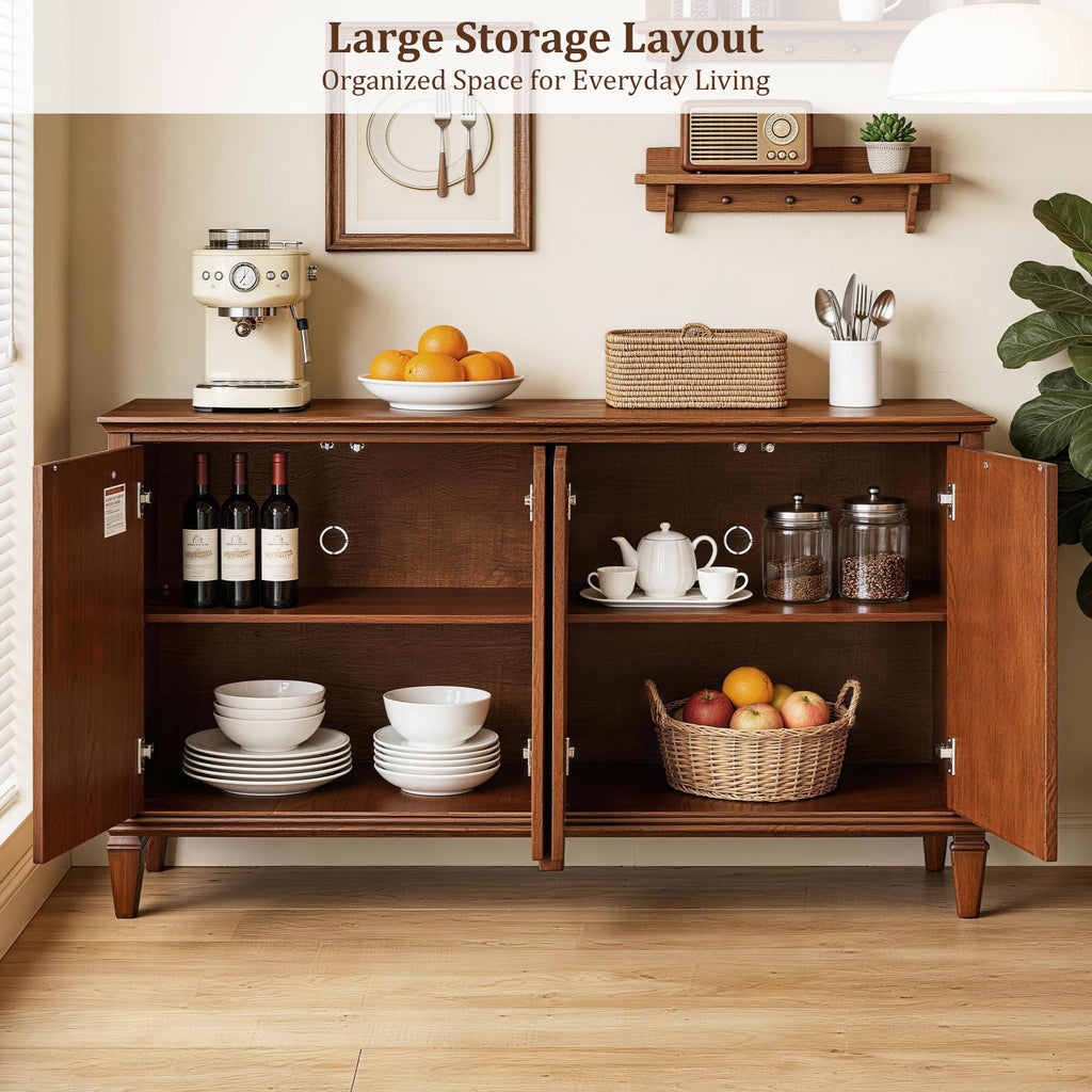 58" Walnut Veneer Sideboard Cabinet, Buffet Cabinet with Storage