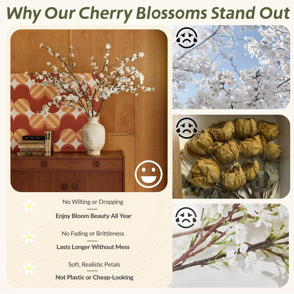 43" Cherry Blossom Branches, 4 Pcs Realistic Silk Artificial Flowers for Indoor Decor, Faux White Cherry Blossom