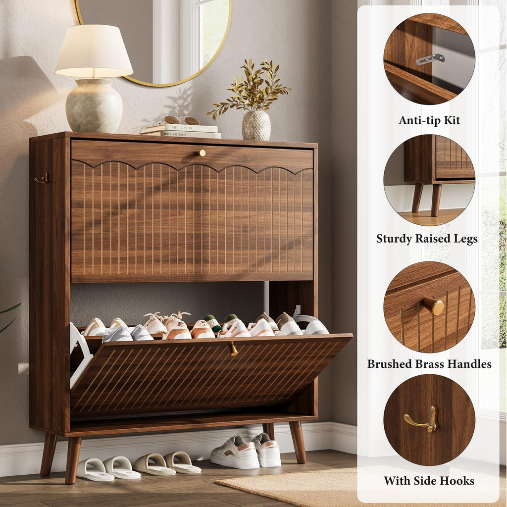 Mid-Century Modern Slim Shoe Cabinet, 9.5" Narrow Shoe Storage Cabinet with Architectural Arched Fluted Front