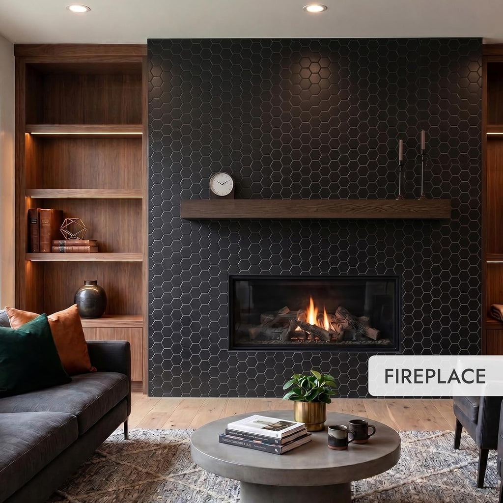 Oasis Tile Marthas Manor Montigo Chimeny Hex | 4x5 Glossy Ceramic Tile | Sleek black glossy hexagon ceramic for