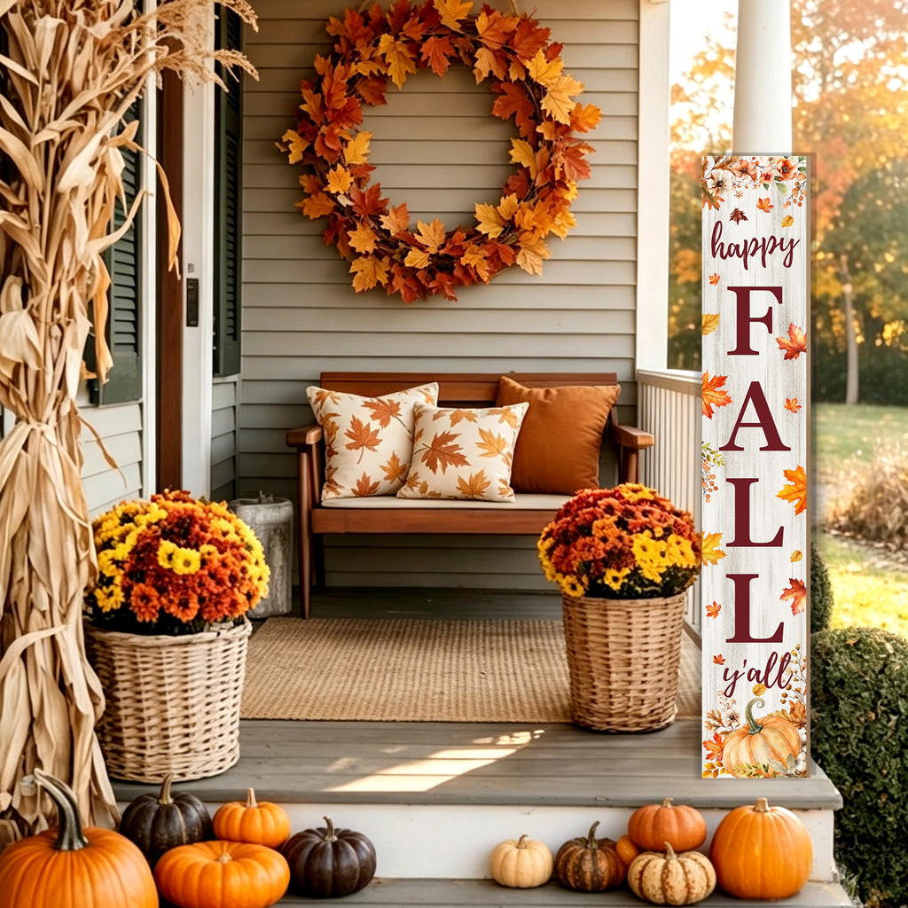 Happy Fall Y'all Welcome Porch Sign, 47.2 Inches Vertical Outdoor Fall Decor, Autumn Harvest Pumpkin & Maple Leaf