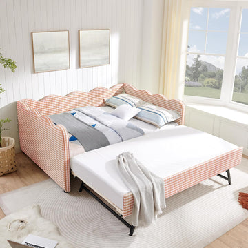 Full Size Upholstery Daybed with Trundle and USB, Full to King Design Adorable Wave Shaped Extendable Linen Sofa Bed
