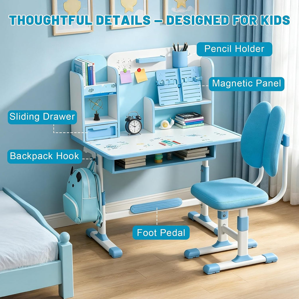 Kids Study Desk and Chair Set, Height Adjustable Kids Table with Drawer