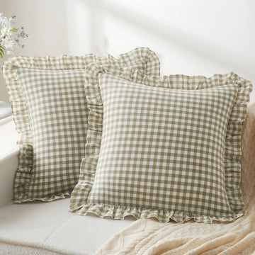 2 Pcs Ruffle Gingham Pillow Covers 18" x 18", Sage Green Plaid