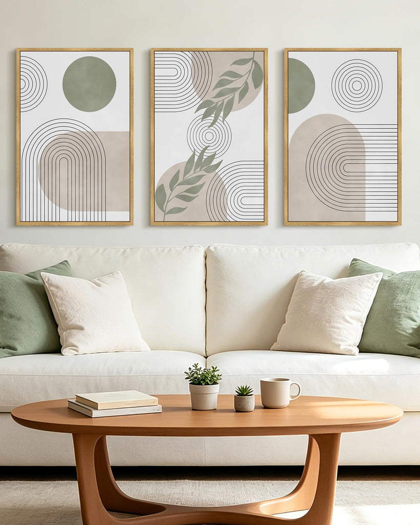 Green Boho Framed Wall Art Modern Botanical Wall Printing Neutral Geometric Prints Bohemain Sage Decor Ready to Hang