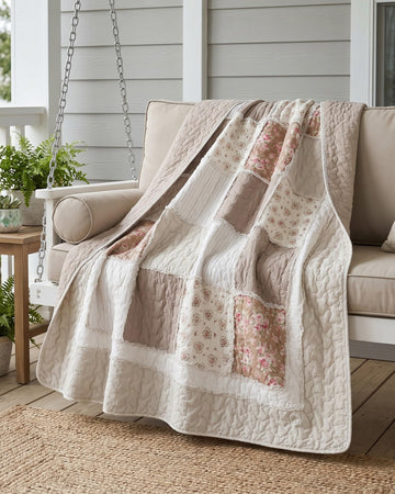 Taupe Bloom Beige Cotton Quilted Throw Blanket, 50" x 60"
