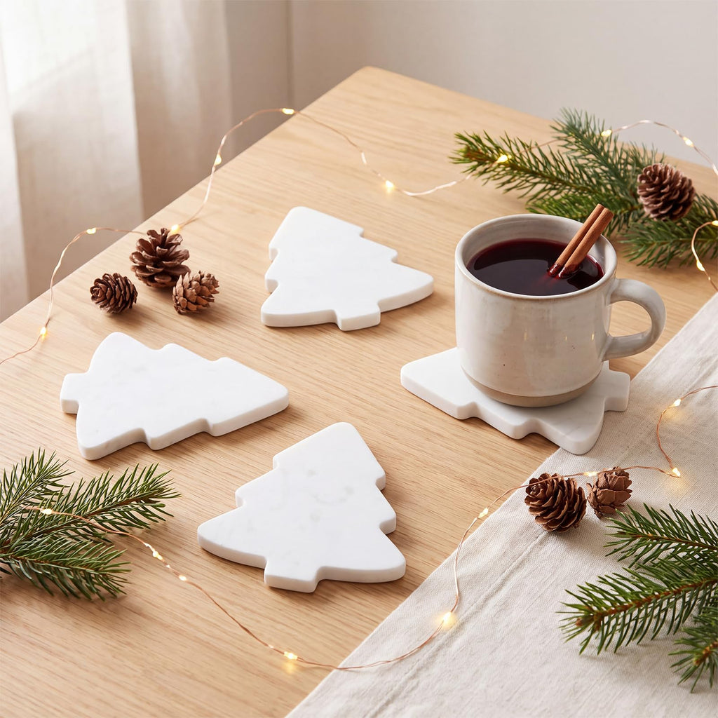 4pcs Marble Coasters Christmas Trees White Coasters 4.7" x 3.9"
