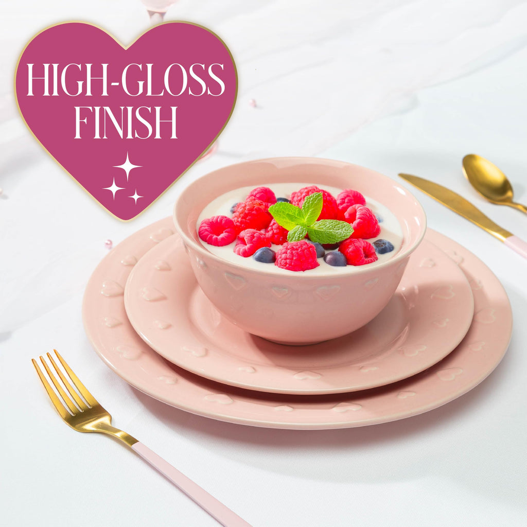 12-Piece Dinnerware Set, Embossed Hearts. Iconic Ceramic Stoneware Service for 4 with Dinner Plates, Salad Plates