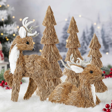 5 Pcs Christmas Sisal Reindeer Tree Centerpieces Table Fireplace Decor Christmas Deer Figurines Rustic Woodland