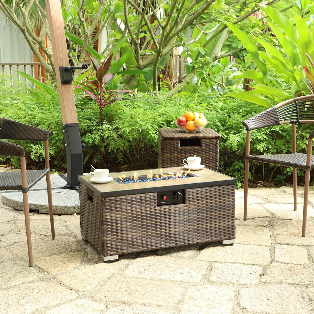 32'' Rattan Wicker Propane Fire Pit Table w/Tank Holder Rectangle | Handmade 2-Piece Wicker Fire Table for Outside