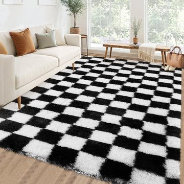 Checkered Area Rug 9x12 Large Rug Thick Super Soft Shaggy Rugs Fluffy Carpet Fluffy Fuzzy Shag Washable Rugs Nursery