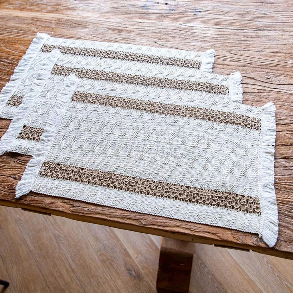 Boho Placemats, 12x18 Inch Natural Cotton Burlap and Kitchen Woven Placemats with Tassels for Dining Table - Set of 6