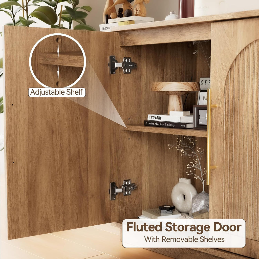 Modern Buffet Cabinet with Storage, 63"Sideboard Cabinet with Fluted Arched Doors & Adjustable Shelves, Wooden