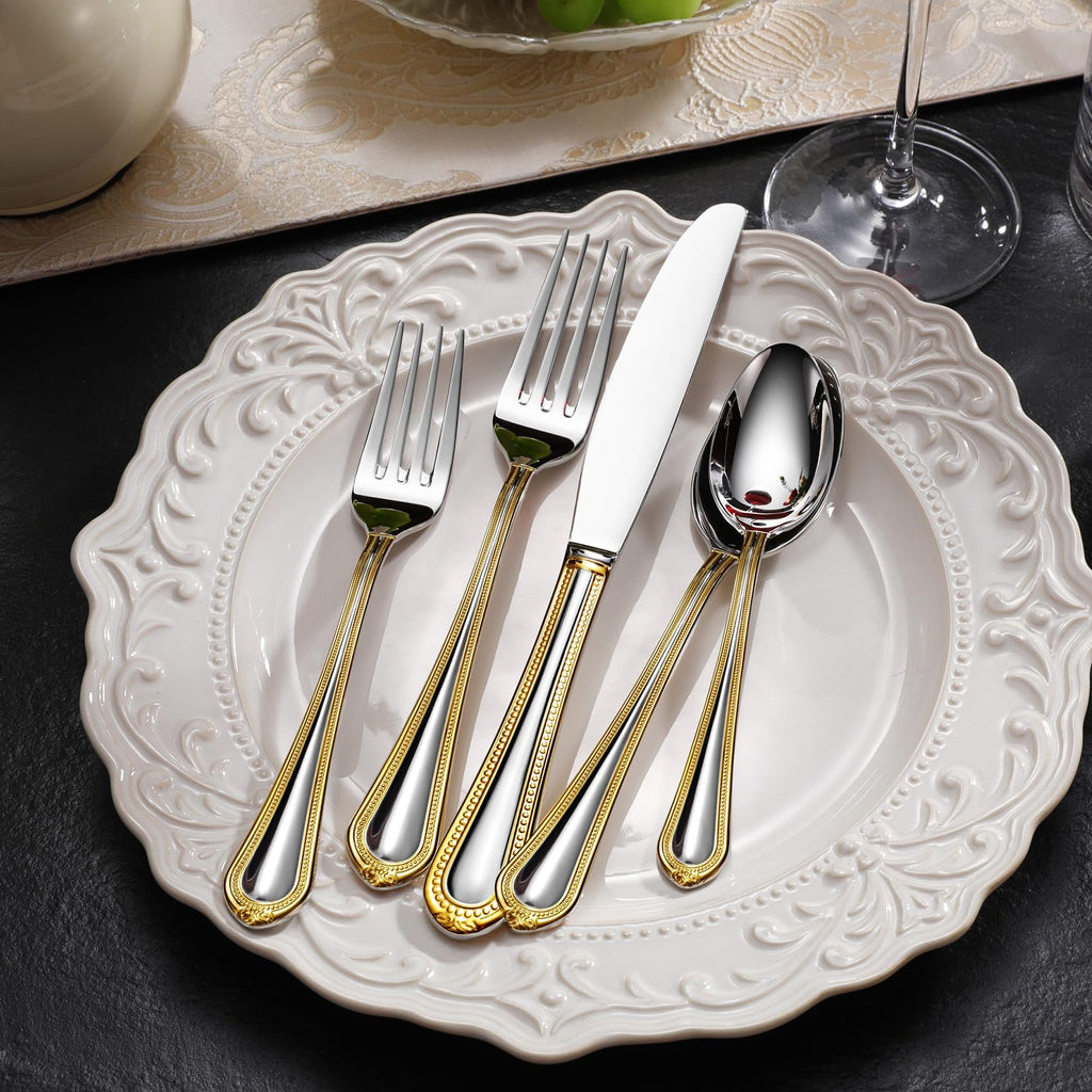 Premium Pearl Edge 20/45/65-Piece Silverware Set (45, Gold Accent)